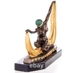 Colorful Art Deco Bronze Dancer Sculpture on Black Marble Signed