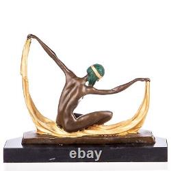 Colorful Art Deco Bronze Dancer Sculpture on Black Marble Signed