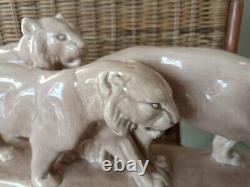 Cracked ceramic lionesses Art Deco Lemanceau St Radegonde Signed ODYV N°133