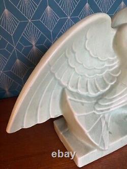 Crackled art deco faience, signed Lejan, pair of doves, turquoise, 1930