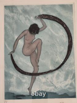 Curious print signed E. T. Rozen, artistic Art Deco, dancing young nude woman