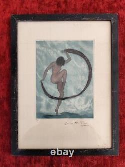 Curious print signed E. T. Rozen, artistic Art Deco, dancing young nude woman