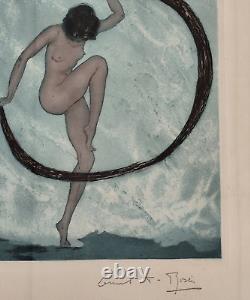 Curious print signed E. T. Rozen, artistic Art Deco, dancing young nude woman