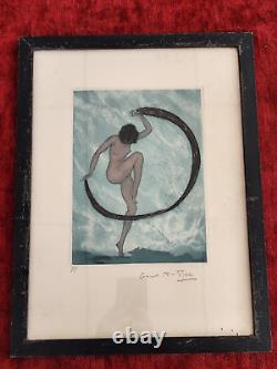 Curious print signed E. T. Rozen, artistic Art Deco, dancing young nude woman