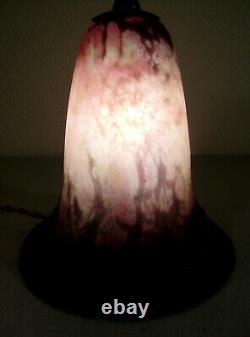 Daum Nancy Art Deco Nightlight Lamp In Wrought Iron - Tulip Signed Glass Paste
