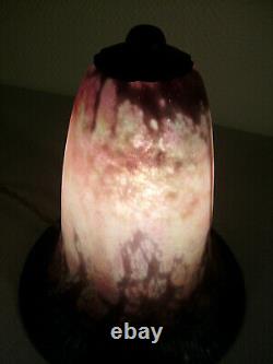 Daum Nancy Art Deco Nightlight Lamp In Wrought Iron - Tulip Signed Glass Paste