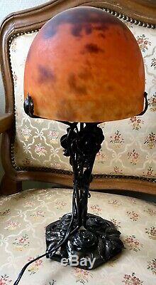 Daum Nancy Signed Art Deco Lamp Wrought Iron (edgar Brandt) And Glass Paste