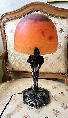 Daum Nancy Signed Art Deco Lamp Wrought Iron (edgar Brandt) And Glass Paste