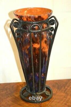 Deco Glass Paste And Wrought Iron Vase By Delatte Nancy Art Deco