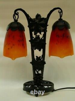 Double Art Decoration Lamp Forged Iron Glass Paste Signed Schneider 1900-1920