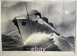 Drawing 1933 Ocean Liner Mariette Pacha Messageries Maritimes Art Deco Marine Signed