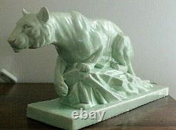 E. Sielg Beautiful Ceramic Sculpture Cracked Art-deco Lioness Huntress