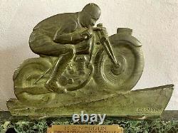 Edouard Fraisse Bronze Art Deco Biker Signed Green Patina Trophy