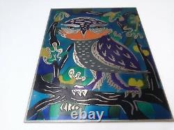 Enamel Painting On Engraved Steel Chouette Signed By Raoul Cardo Saban Irigaray