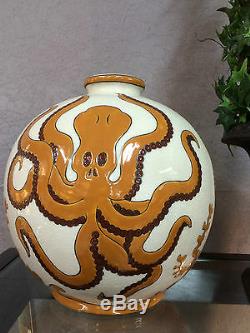 Enamelled Ceramic Ball Vase Art Deco Style Octopus Decor (signed)