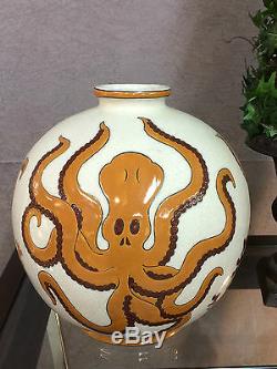 Enamelled Ceramic Ball Vase Art Deco Style Octopus Decor (signed)