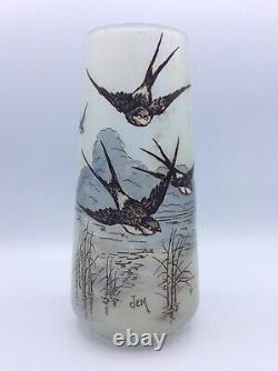 Enamelled Stained Blown Glass Vase With Swallow Decoration Signed Jem Art Deco