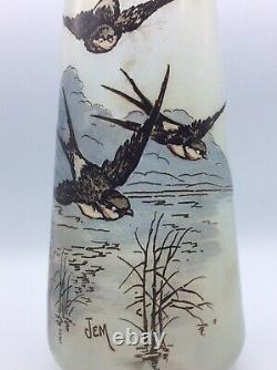 Enamelled Stained Blown Glass Vase With Swallow Decoration Signed Jem Art Deco