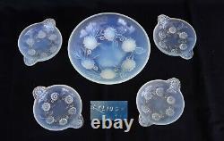 Etling France Coupe And 4 Glass Cups Opalescent Art Deco Signed Ca 1920/30