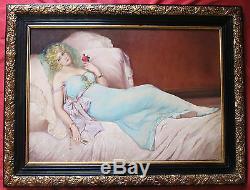 Exceptional Art Deco Oil By Emma Bihari Elegant Lying On The Bed