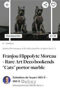FRANJOU Hippolyte Moreau Rare Bookend Sculpture Signed Art Deco Sitting Cat