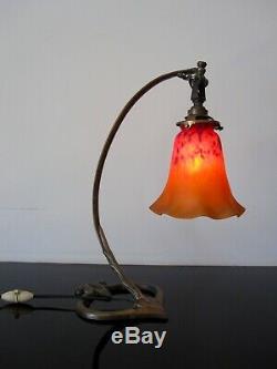 Foot Bronze Lamp, Old Tulip Glass Paste Signed Schneider