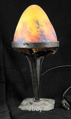Forged Iron Lamp With Glass Pase Dome Signed French Glass