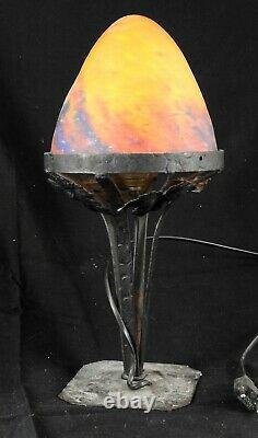 Forged Iron Lamp With Glass Pase Dome Signed French Glass