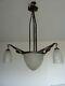 Former Art Deco Chandelier By Schneider In Glass With 3 Tulips 1 Shell Degue Muller