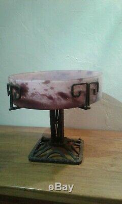 Former. Art Deco. Cutting Glass Paste And Foot Wrought Iron. Signed Lorraine