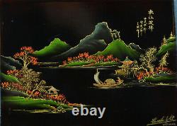 Former Vietnam Indochina Lacquer Panel Signed Thanh Lê Landscape Mekong Rare