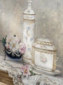 GUSTAVE BARRIER Still Life of Flowers and Porcelain Oil Painting on Canvas