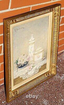 GUSTAVE BARRIER Still Life of Flowers and Porcelain Oil Painting on Canvas