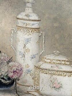 GUSTAVE BARRIER Still Life of Flowers and Porcelain Oil Painting on Canvas