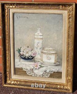 GUSTAVE BARRIER Still Life of Flowers and Porcelain Oil Painting on Canvas