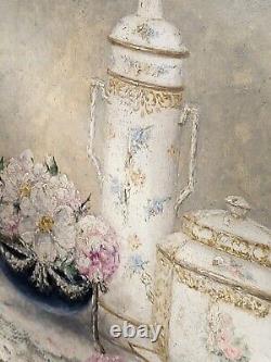 GUSTAVE BARRIER Still Life of Flowers and Porcelain Oil Painting on Canvas