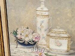 GUSTAVE BARRIER Still Life of Flowers and Porcelain Oil Painting on Canvas