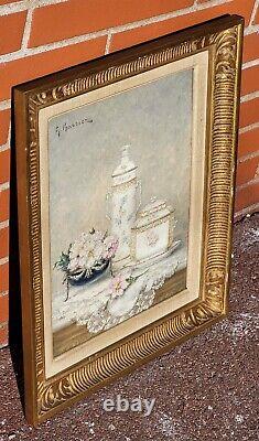 GUSTAVE BARRIER Still Life of Flowers and Porcelain Oil Painting on Canvas