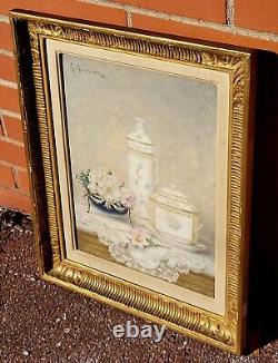 GUSTAVE BARRIER Still Life of Flowers and Porcelain Oil Painting on Canvas