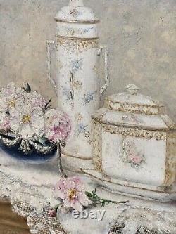 GUSTAVE BARRIER Still Life of Flowers and Porcelain Oil Painting on Canvas