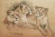 Gaston Blondeau Drawing Lion Lioness Fawn Table Art Animal Art Deco Animals