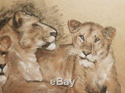 Gaston Blondeau Drawing Lion Lioness Fawn Table Art Animal Art Deco Animals