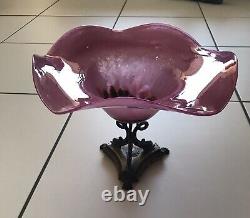 Glass Fruit Cut On Metal Foot Signed Art Deco Style