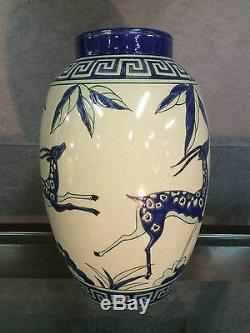 Glazed Ceramic Vase Art Deco Style Has Décor Gazelles (signed And Numbered)