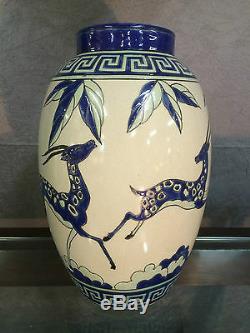 Glazed Ceramic Vase Art Deco Style Has Décor Gazelles (signed And Numbered)