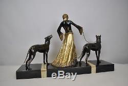 Gori, Woman With Mastiffs, Signed Sculpture, Art Deco 20th Century