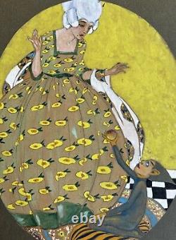 Gouache Art Deco Scene: Woman in 18th Century Fashion Dress and Wig with Apple Creature