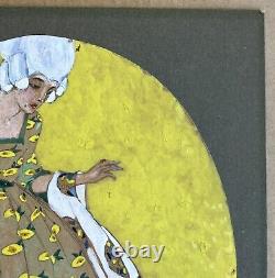 Gouache Art Deco Scene: Woman in 18th Century Fashion Dress and Wig with Apple Creature