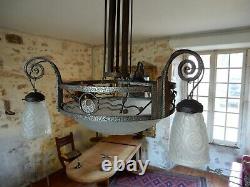 Grand Chandelier Art Deco Wrought Iron And Glass Signed Noverdy