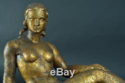 Great Art Deco Sculpture Signed Joseph Andrau Toulouse Naked Sitting Pat. Gilt Bronze